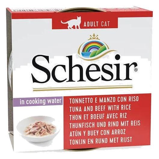 Pâtée chat Schesir thon et bœuf avec riz au naturel, boîte 85 g