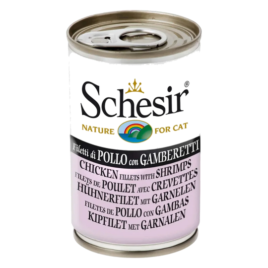 Pâtée chat Schesir filets de poulet avec crevettes, boîte 140 g