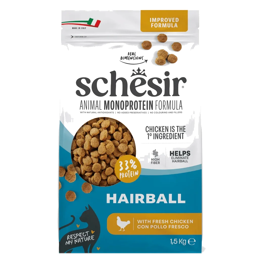 Croquettes chat Schesir Animal Protein Hairball, 1,5 kg