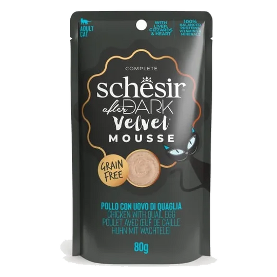 Pâtée chat Schesir After Dark Velvet poulet avec œuf de caille, sachet 80 g