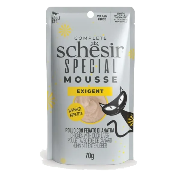 Pâtée chat Schesir mousse Exigent poulet avec foie de canard