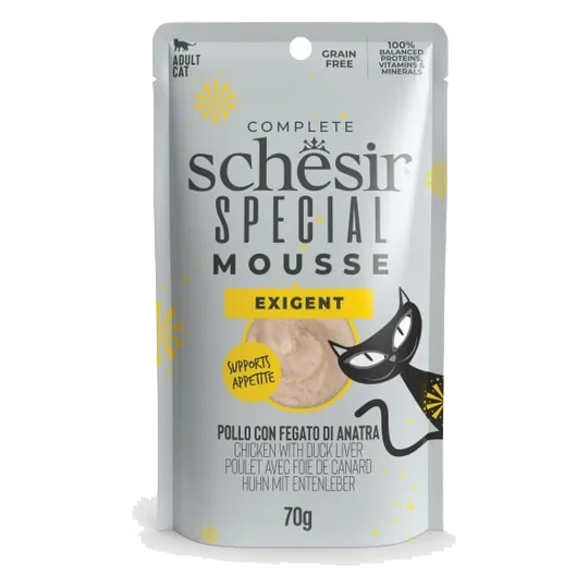 Pâtée chat Schesir mousse Exigent poulet avec foie de canard