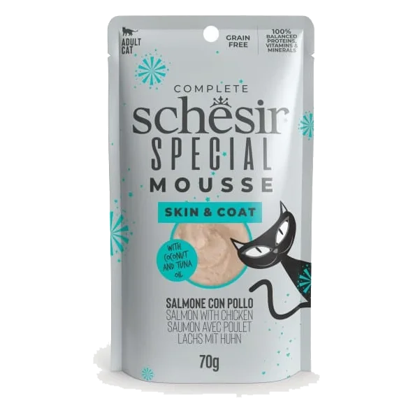 Pâtée chat Schesir mousse peau et pelage saumon avec poulet