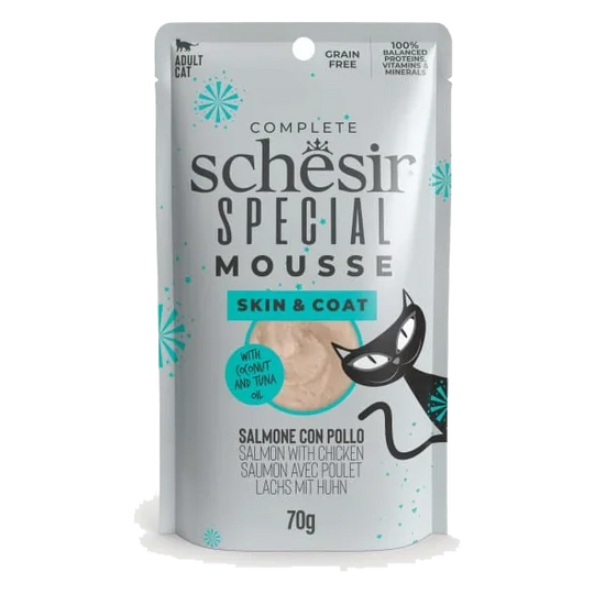 Pâtée chat Schesir mousse peau et pelage saumon avec poulet