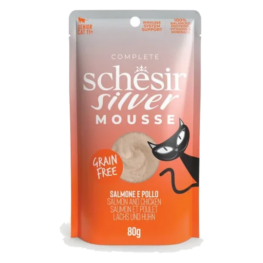 Pâtée chat Schesir Silver mousse saumon et poulet, sachet 80 g