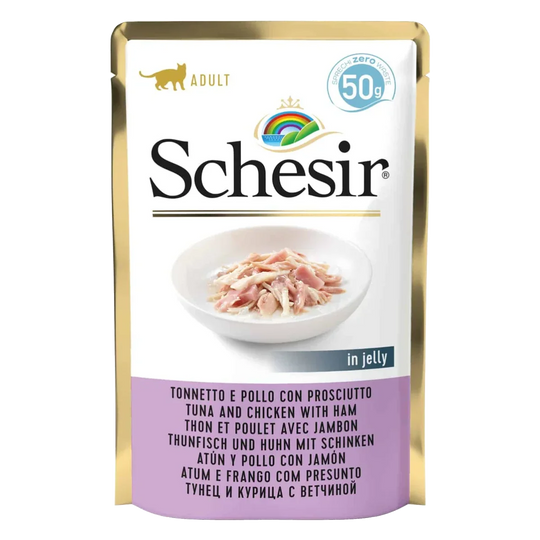 Pâtée chat Schesir thon avec poulet et jambon, sachet 50 g