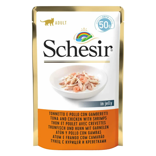 Pâtée chat Schesir thon et poulet avec crevettes, sachet 50 g