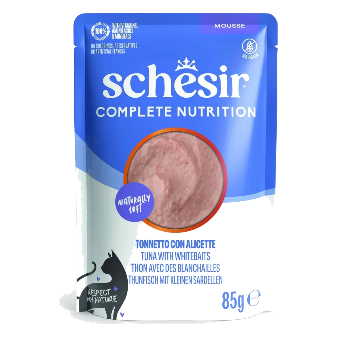 Pâtée chat Schesir mousse thon avec anchois, sachet 85 g