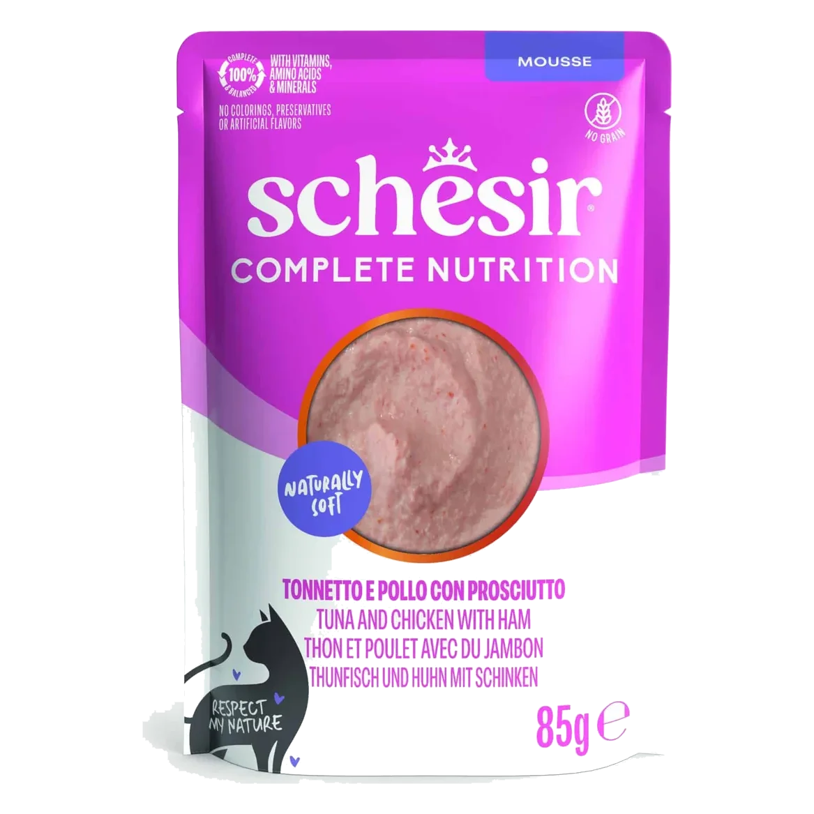 Pâtée chat Schesir mousse thon avec poulet et jambon, sachet 85 g