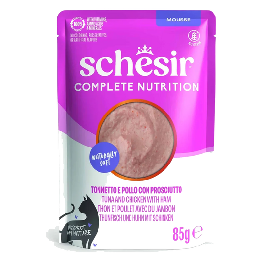 Pâtée chat Schesir mousse thon avec poulet et jambon, sachet 85 g
