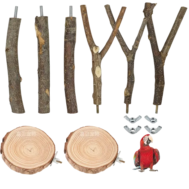 Set de 8 perchas y plataformas de madera natural para jaula, vista de detalle 1