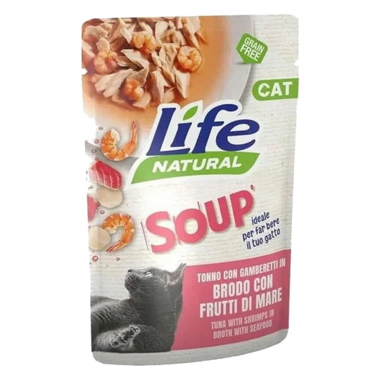 Soupe Life Cat thon avec crevettes et fruits de mer pour chat, 60 g