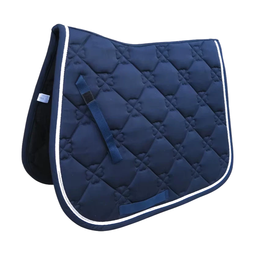 Tapis de selle d'obstacle bleu marine pour cheval, matelassage losange et double cordelière blanche
