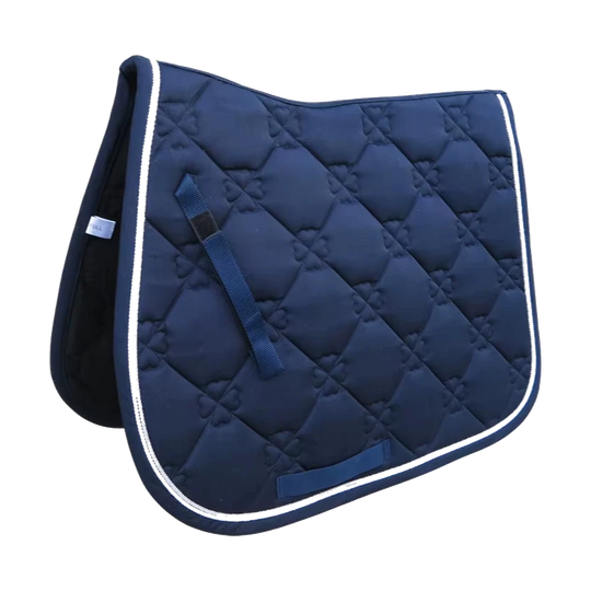 Tapis de selle d'obstacle bleu marine pour cheval, matelassage losange et double cordelière blanche