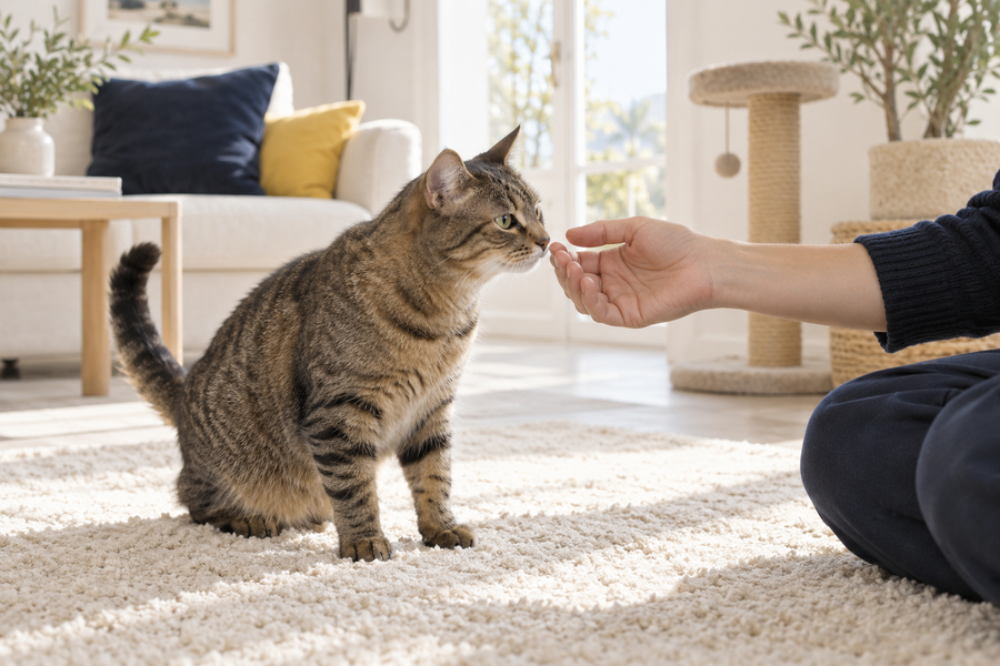 Illustration d'un chat faisant calmement connaissance avec une personne chez elle