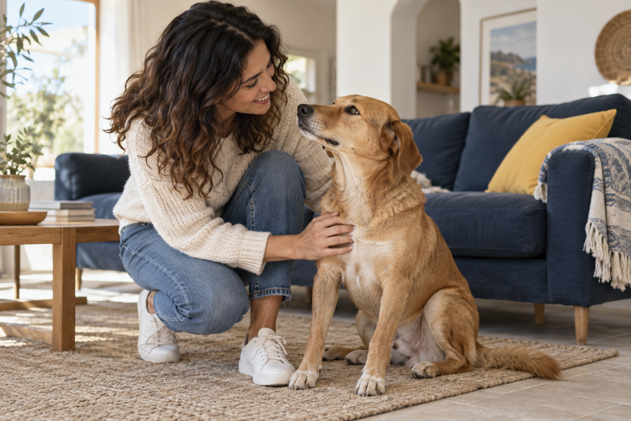 Illustration d'une personne et d'un chien partageant un moment calme à la maison